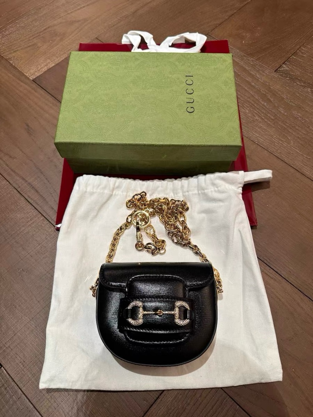 Gucci Black Leather Mini Crossbody with Gold Horsebit Chain